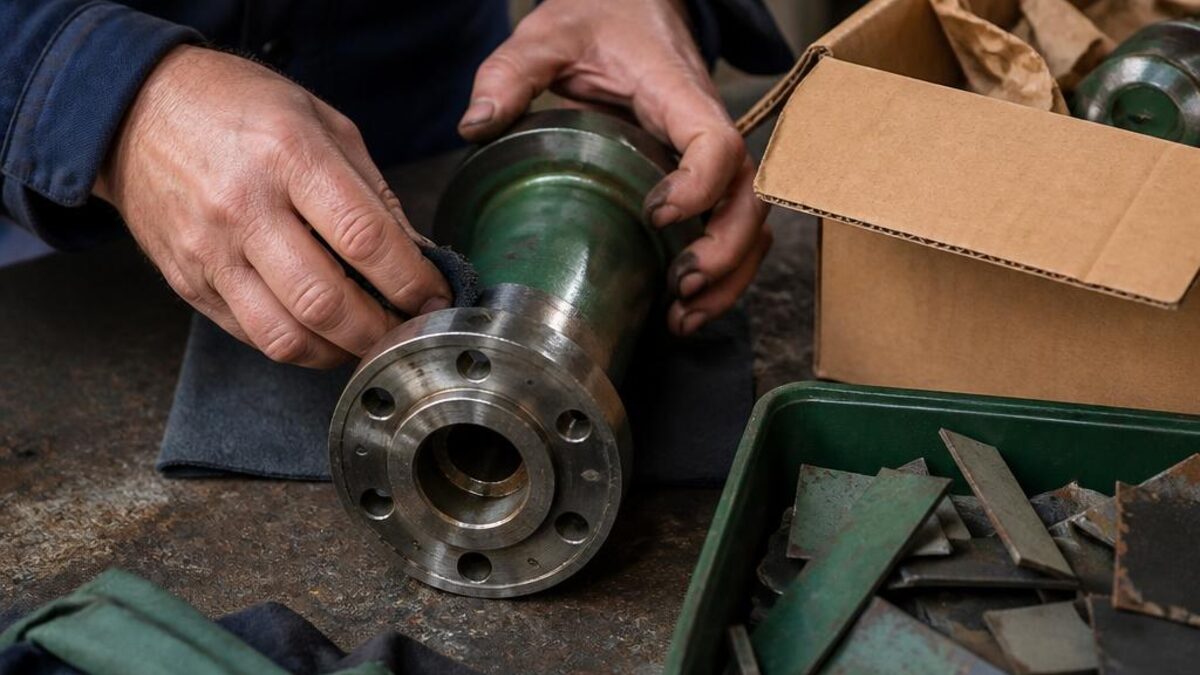 Tecnico ripara un componente metallico riutilizzabile accanto a imballaggi e scarti di lavorazione separati