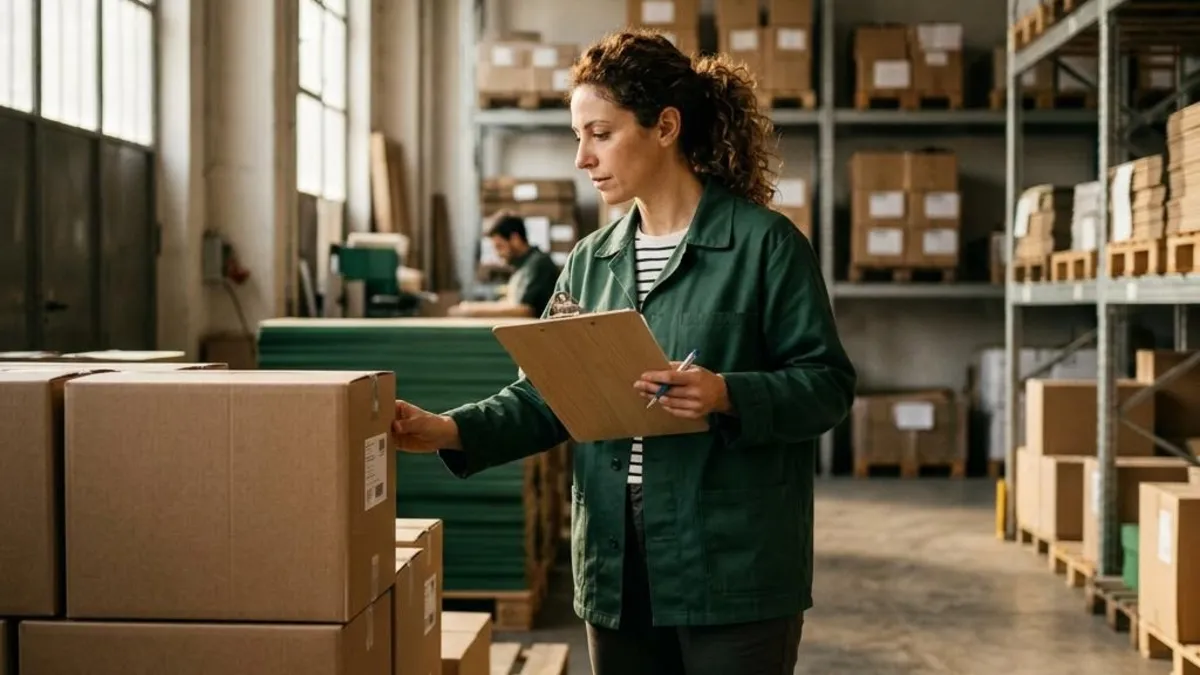 Responsabile amministrativa di una PMI che compila un questionario per un cliente al computer con documenti di supporto accanto