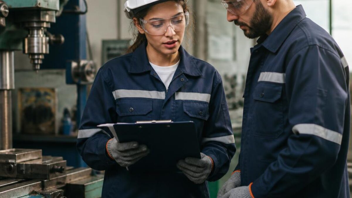 Coordinatore della sicurezza consulta una checklist con un collega in un'officina ordinata e dotata di protezioni